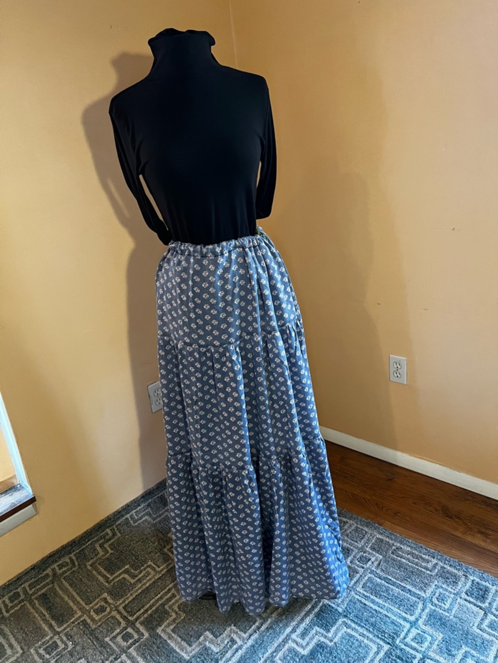 Blue Floral/Calico Tiered Western style Skirt with Adjustable Waist
